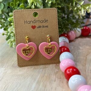Pink Heart Earrings with Gold Love Detail